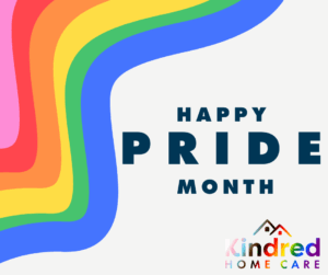 A picture with pride colours stating happy pride month from Kindred Home Care