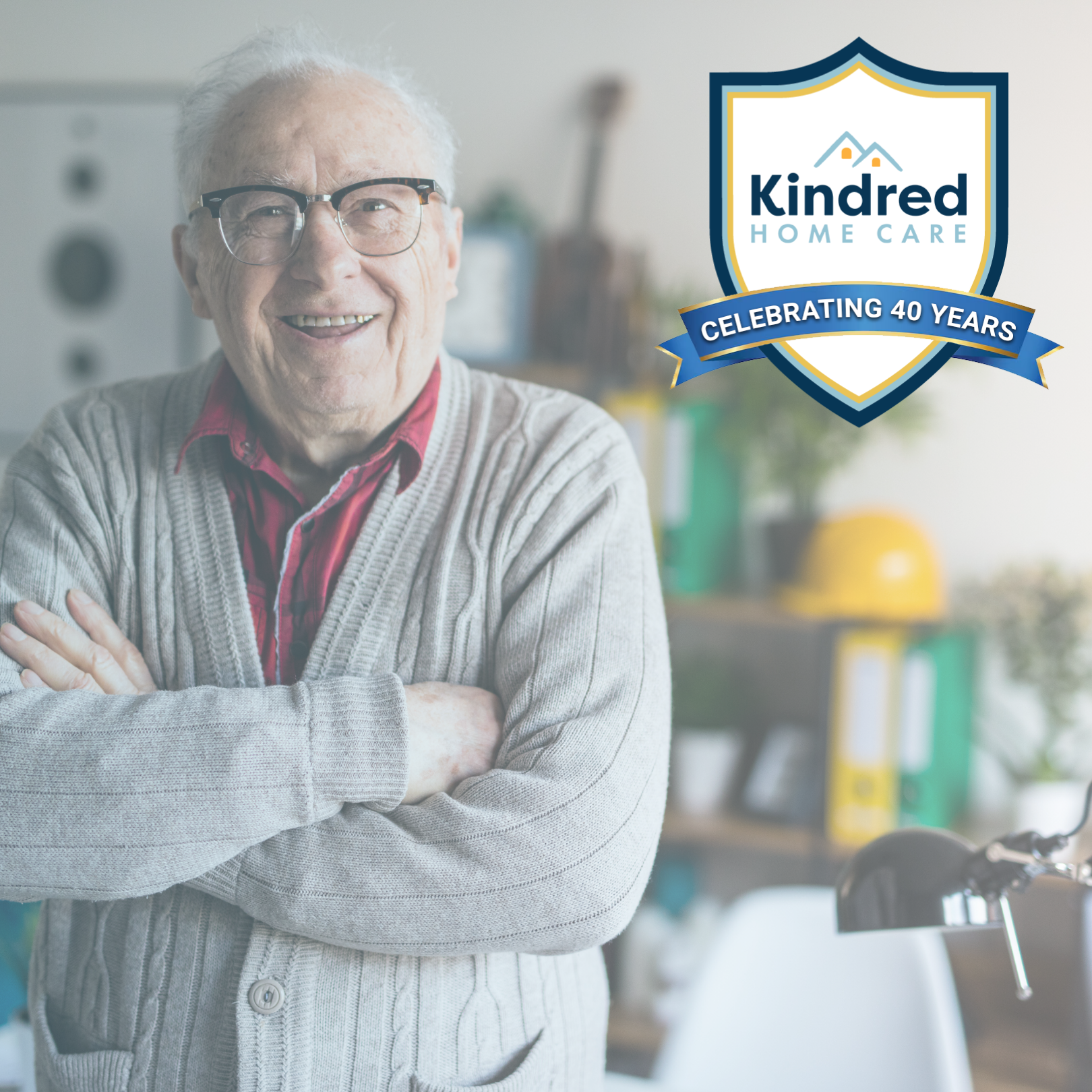 The Kindred Home Care Logo with a picture of a man and a badge celebrating 40 years